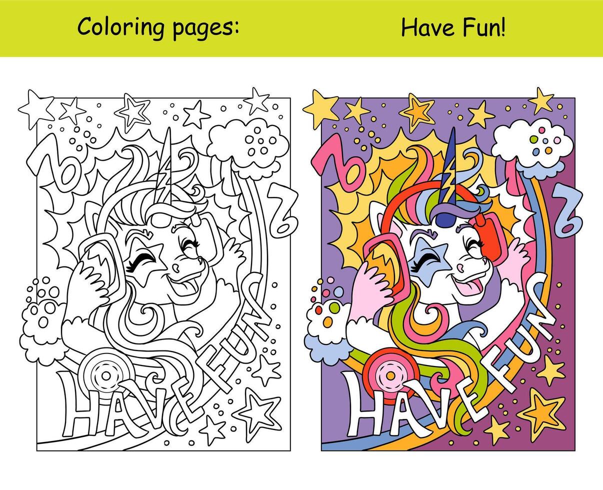 Cute musical unicorn wearing headphones coloring and color template vector