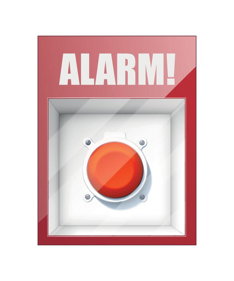 detailed color red alarm button behind white glass on white background vector