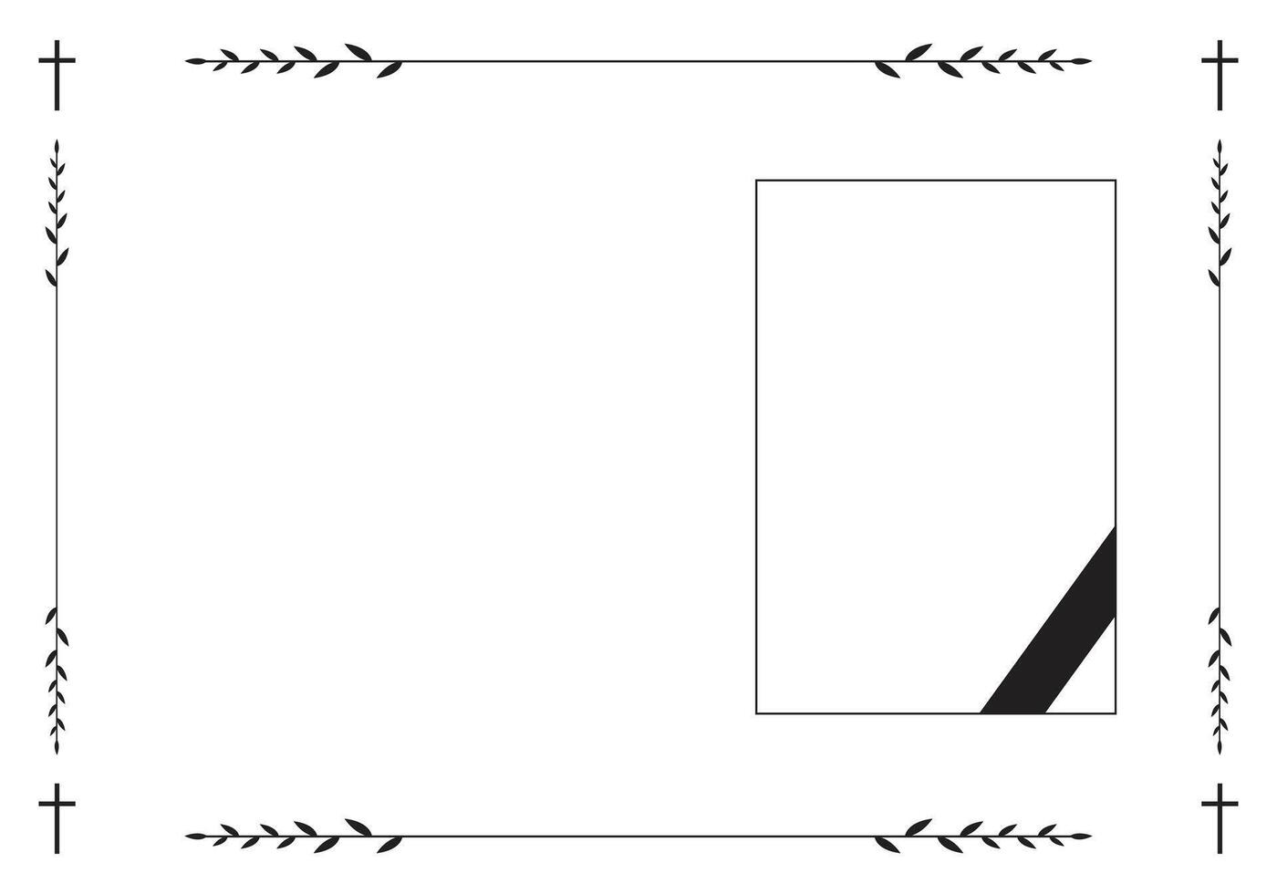 Funeral card. Empty card with black cross in the corners and photo frame with black ribbon vector