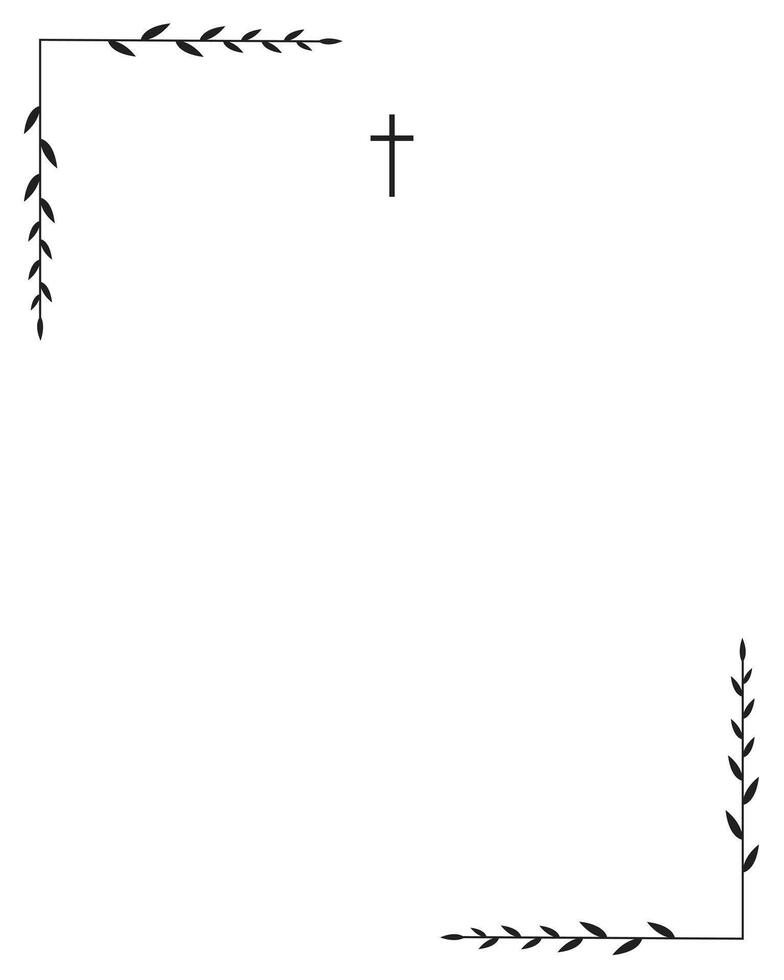 Funeral card. Empty card with black cross and leaves frame vector