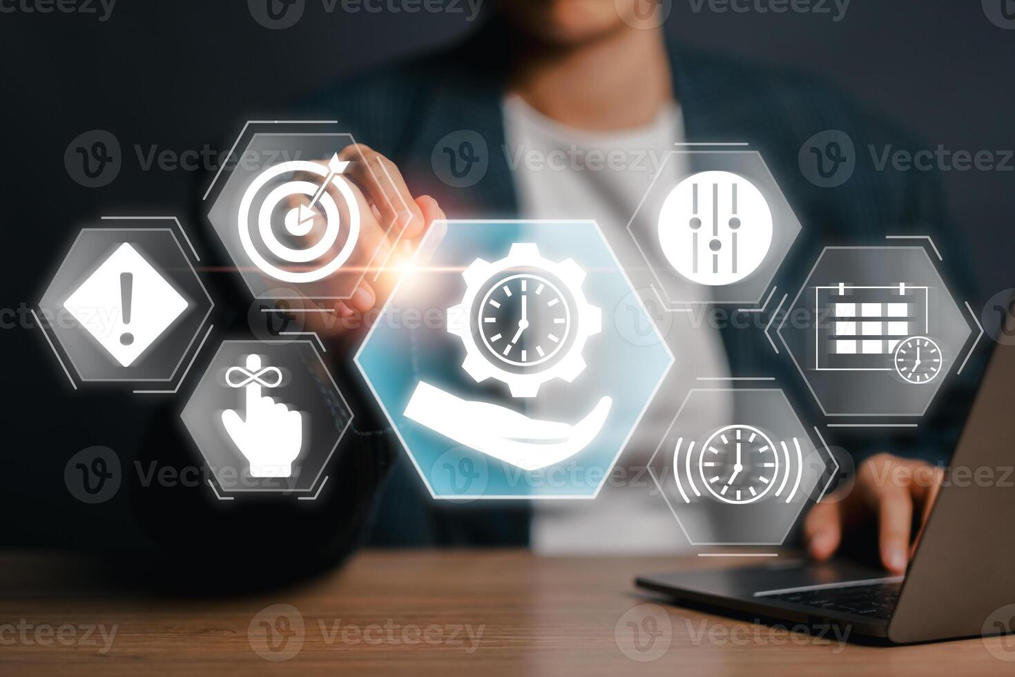 Illustration of digital time management with icons and clock, symbolizing productivity and efficient planning. photo