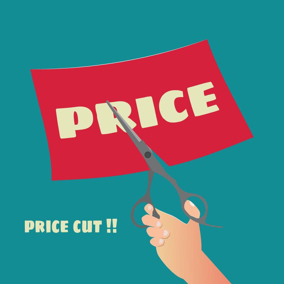 Hand cutting the price paper. Price cut concept illustration vector