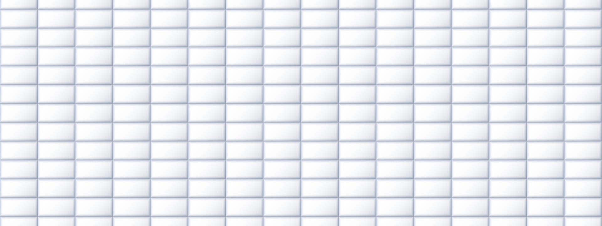 Seamless white tile pattern. Rectangle ceramic tiled texture for bathroom wall, kitchen floor, pool surface. Repeating light grey mosaic grid background. Repeated brick backdrop. vector