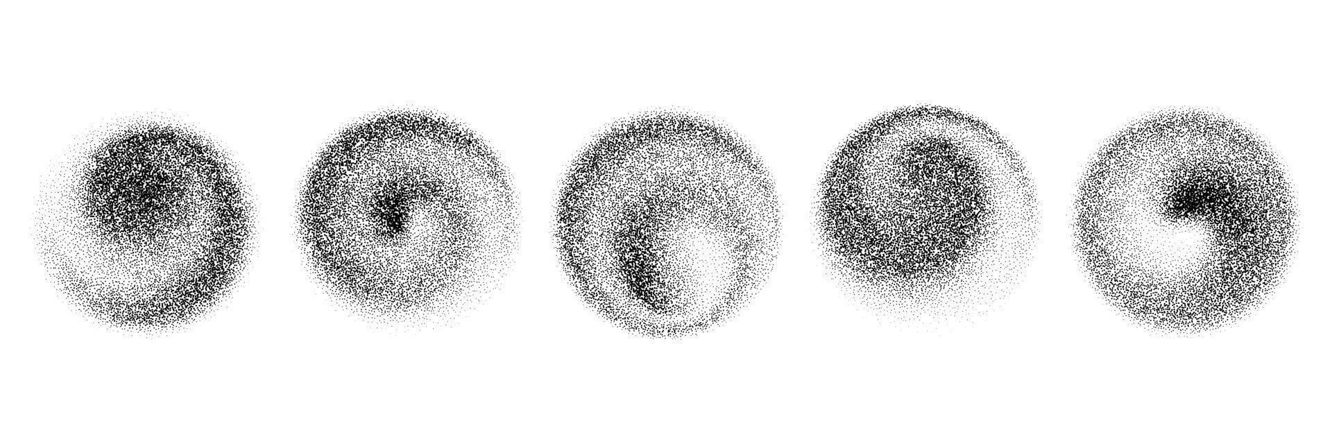 Dotted spiral gradient shapes. Black stippled swirl object set. Grainy spray circles collection. Noise wave splashes and splatters forms. Dissolving sand dust texture. Fading halftone elements vector