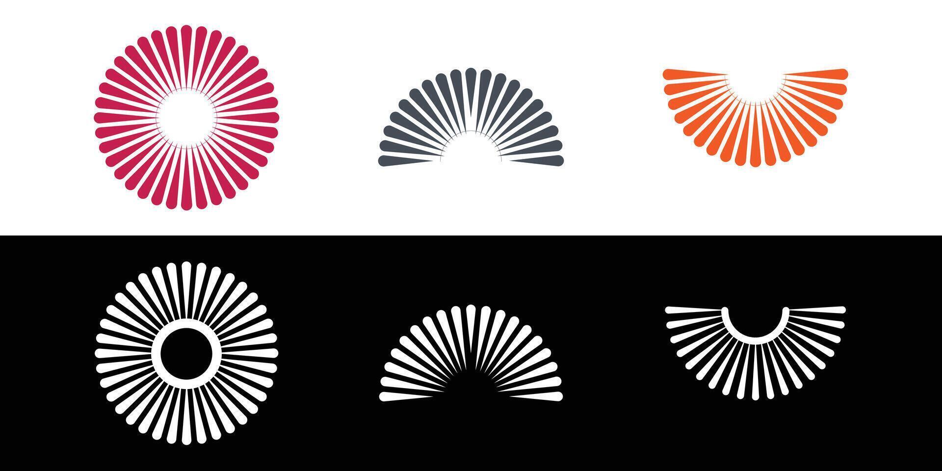 Abstract stylized geometric sun logos featuring radiating lines arranged in circular and semicircular forms. vector