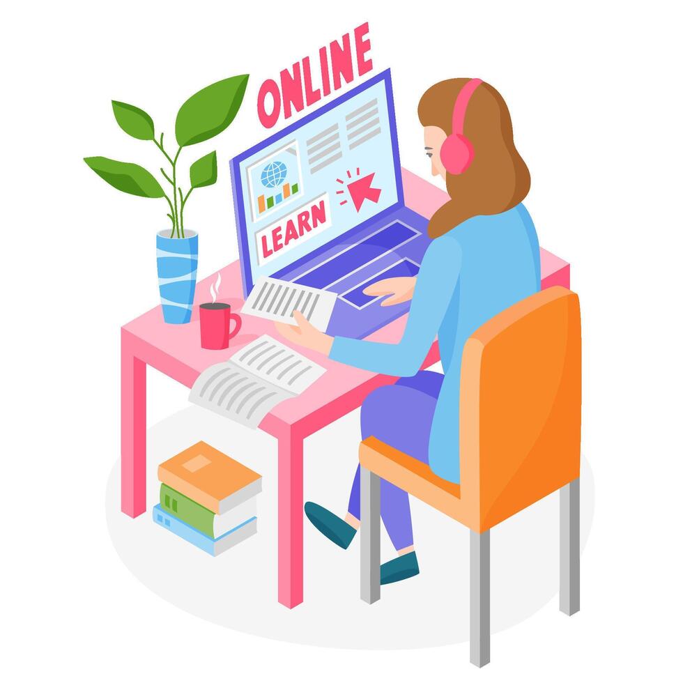 Learning online concept, woman studying online via the internet, learning from home, online education courses, illustration vector