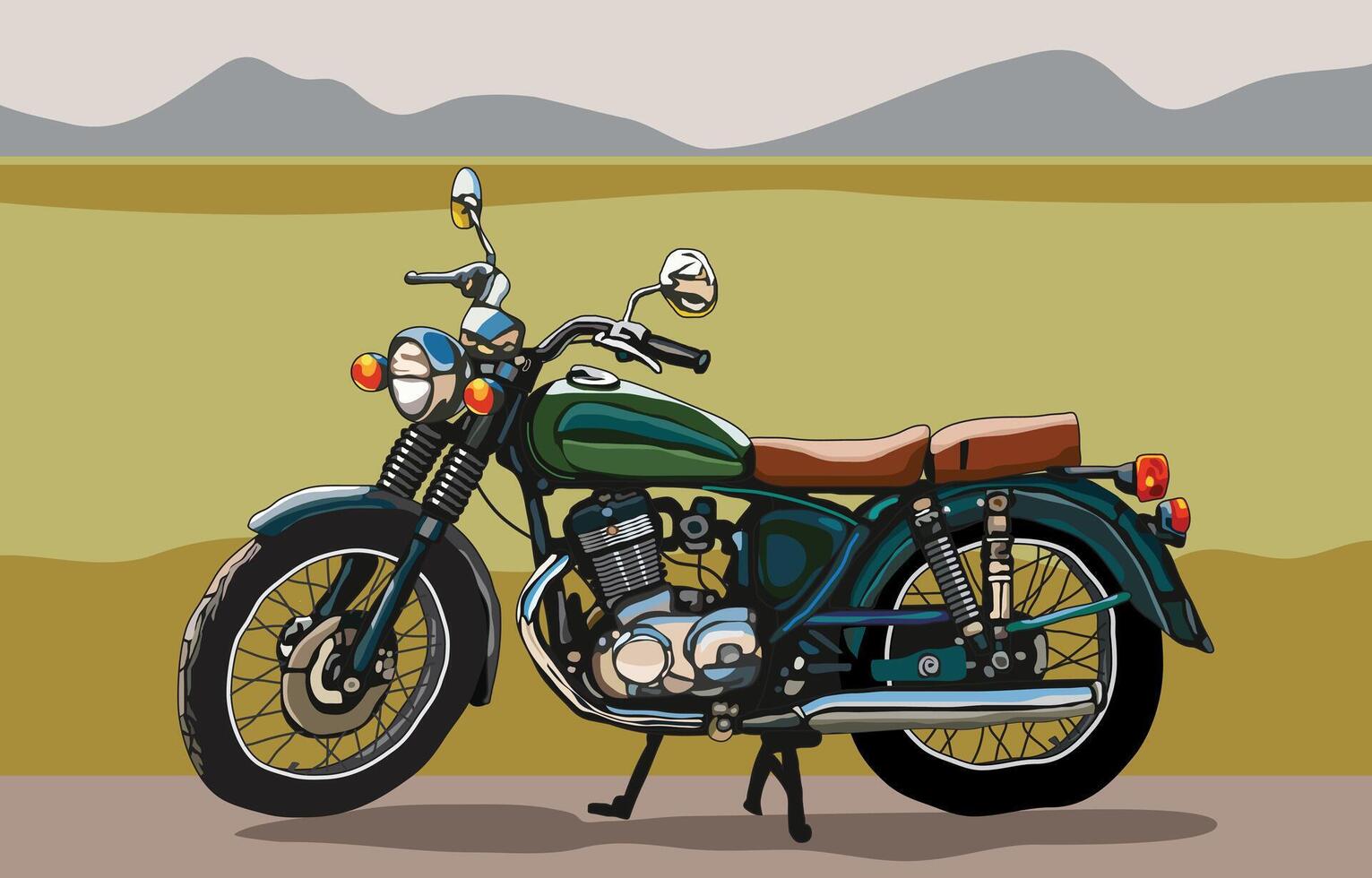 Classic Motorbike, vintage motorcycle with yellow paddy field at the background, illustration. vector