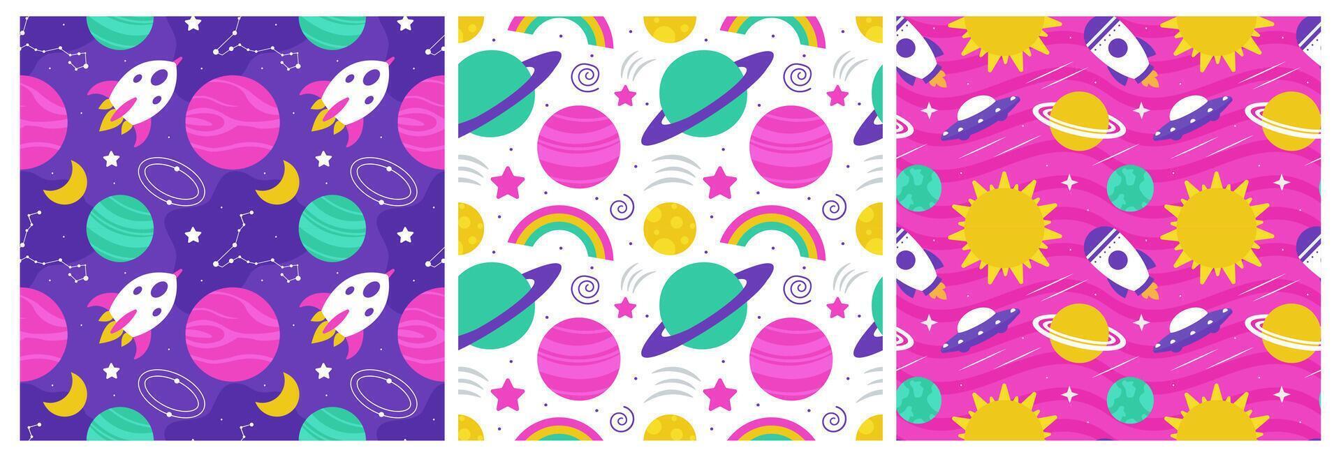 Seamless Space Mission Pattern Featuring Astronauts, Rockets, and Planets in a Flat Cartoon Illustration vector