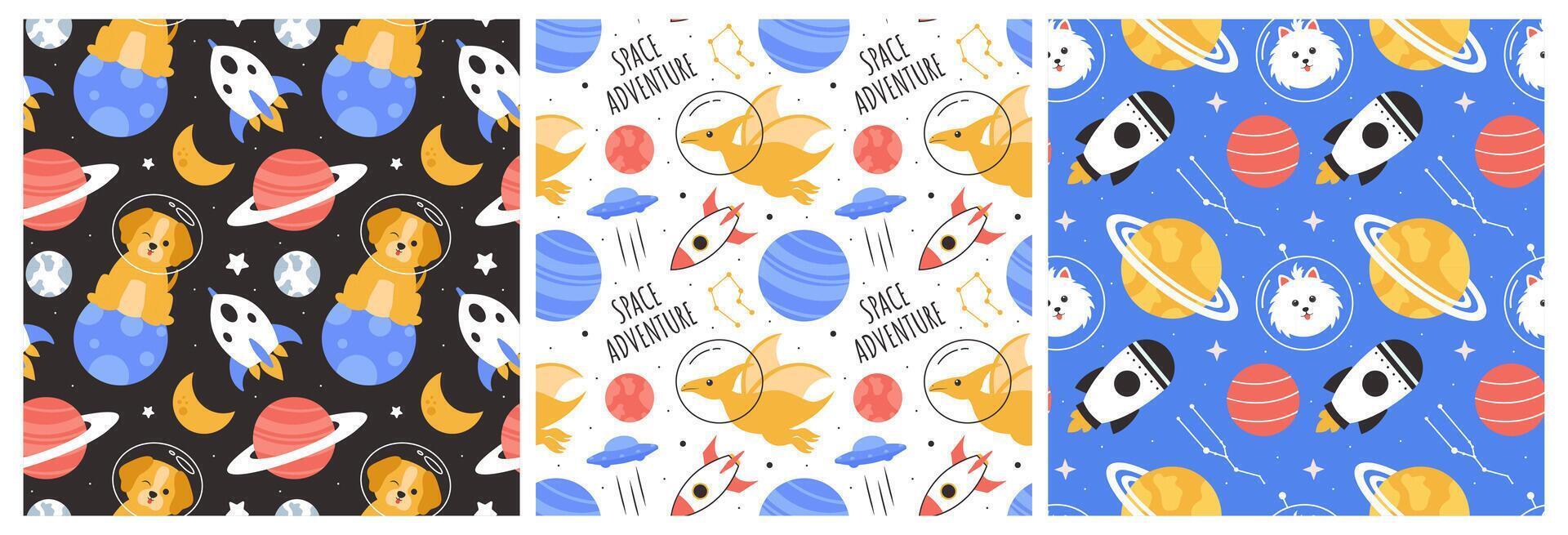 Astronaut Floating in Space Seamless Pattern with Planets and Stars in a Hand-Drawn Cartoon Design vector