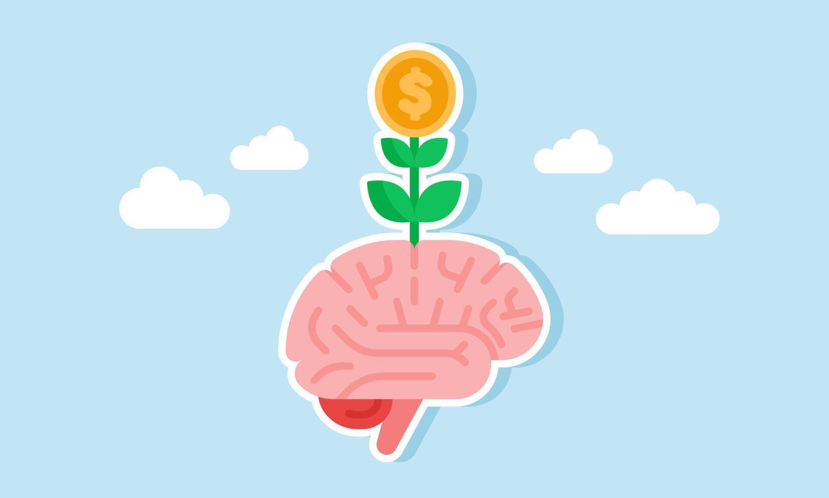 A brain growing plants with blooming dollar coins, illustration of critical and creative thinking in managing financial assets for growth and development vector
