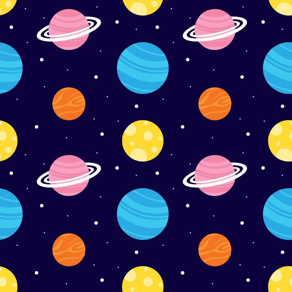 Cartoon Flat Space Pattern with Floating Astronaut and Outer Space Wonders in a Seamless Design vector