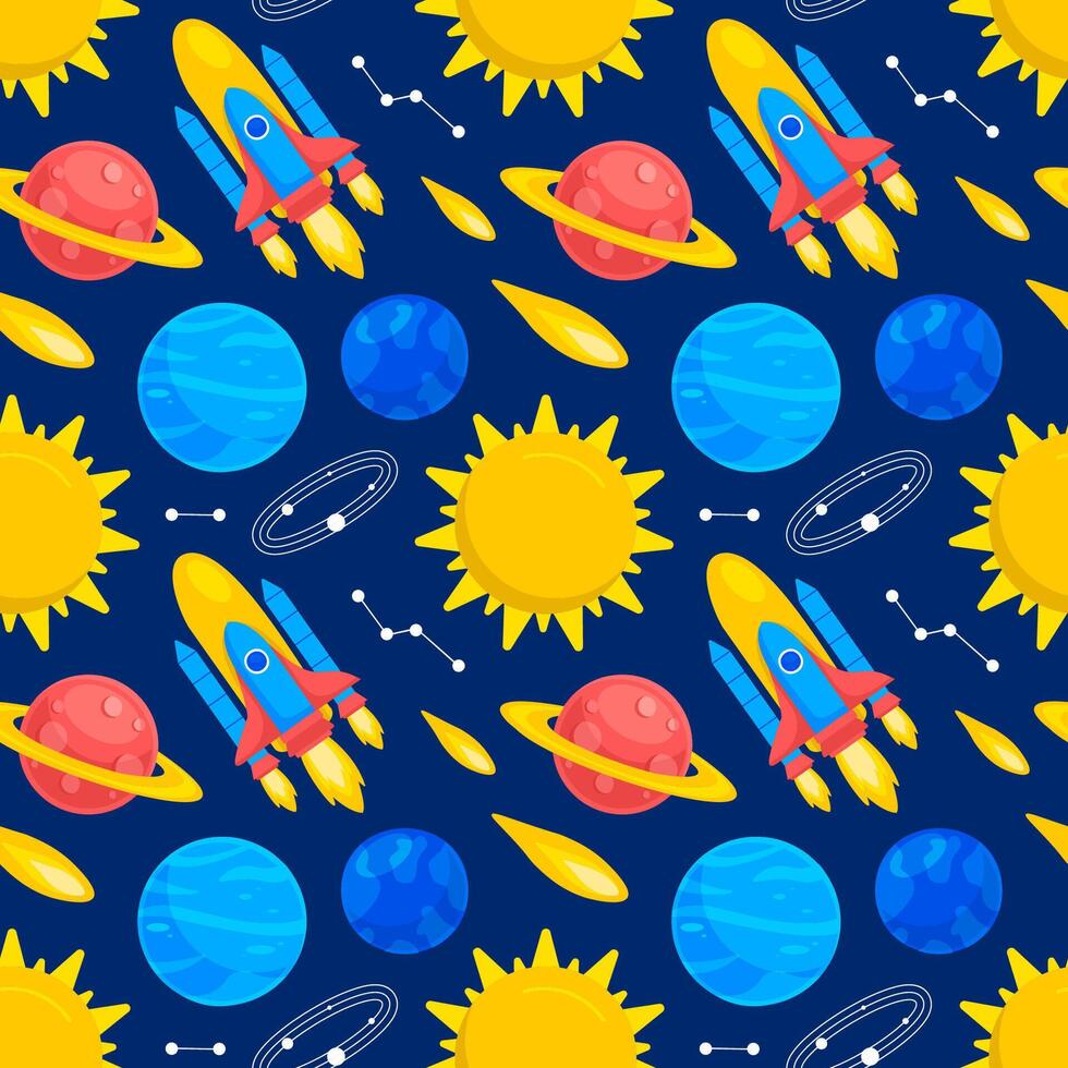 Hand-Drawn Cosmic Universe Seamless Pattern with Space Explorers and Celestial Objects vector