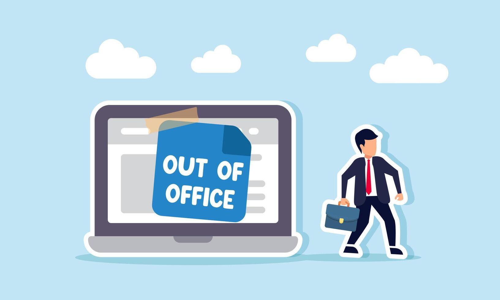 Businessman walks away from a laptop with a note saying OUT OF OFFICE, illustration of taking leave from work, resigning, or a do not disturb status vector