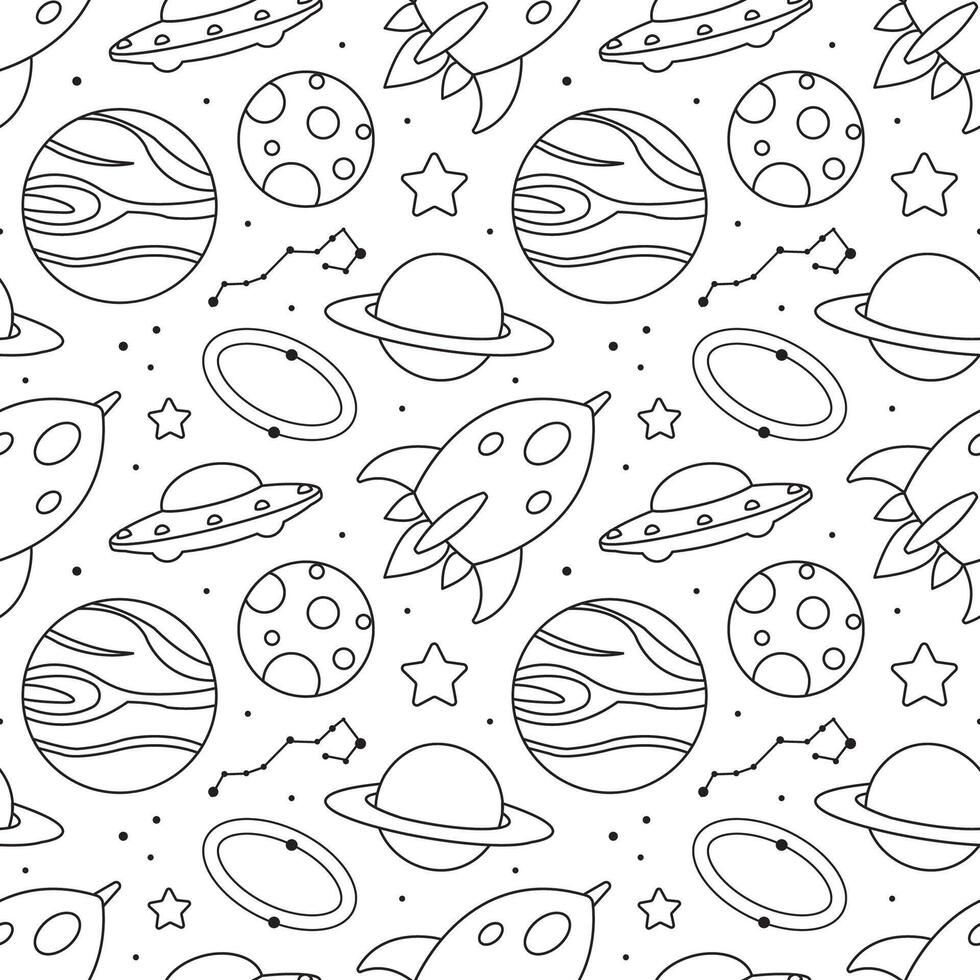 Galactic Journey Seamless Pattern with Floating Astronaut and Solar System in Flat Cartoon Style vector