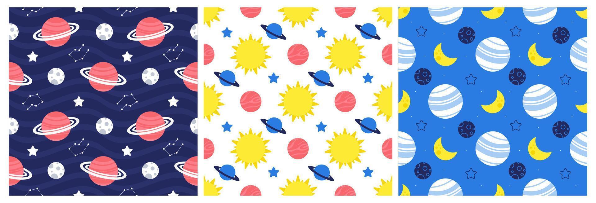 Seamless Space Exploration Pattern Featuring Astronauts, Shooting Stars, and Cosmic Elements in a Fun Cartoon Look vector