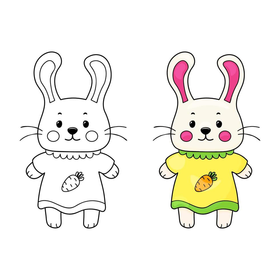 Bunny in a dress coloring page color book for kids with colored example. more detail, line art design. vector