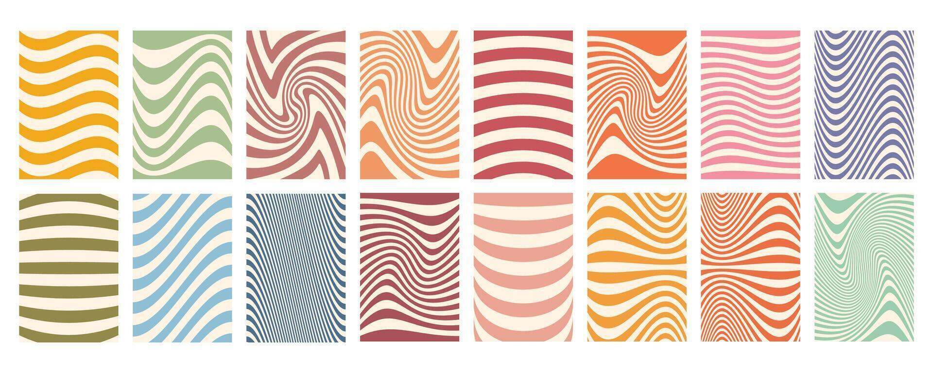 Groovy wave stripe big set. Hand drawn groovy, hippie backgrounds. Distorted uneven stripes, warped streaks, fluid liquid wavy lines, doodle waves. Striped rectangle templates collection. vector