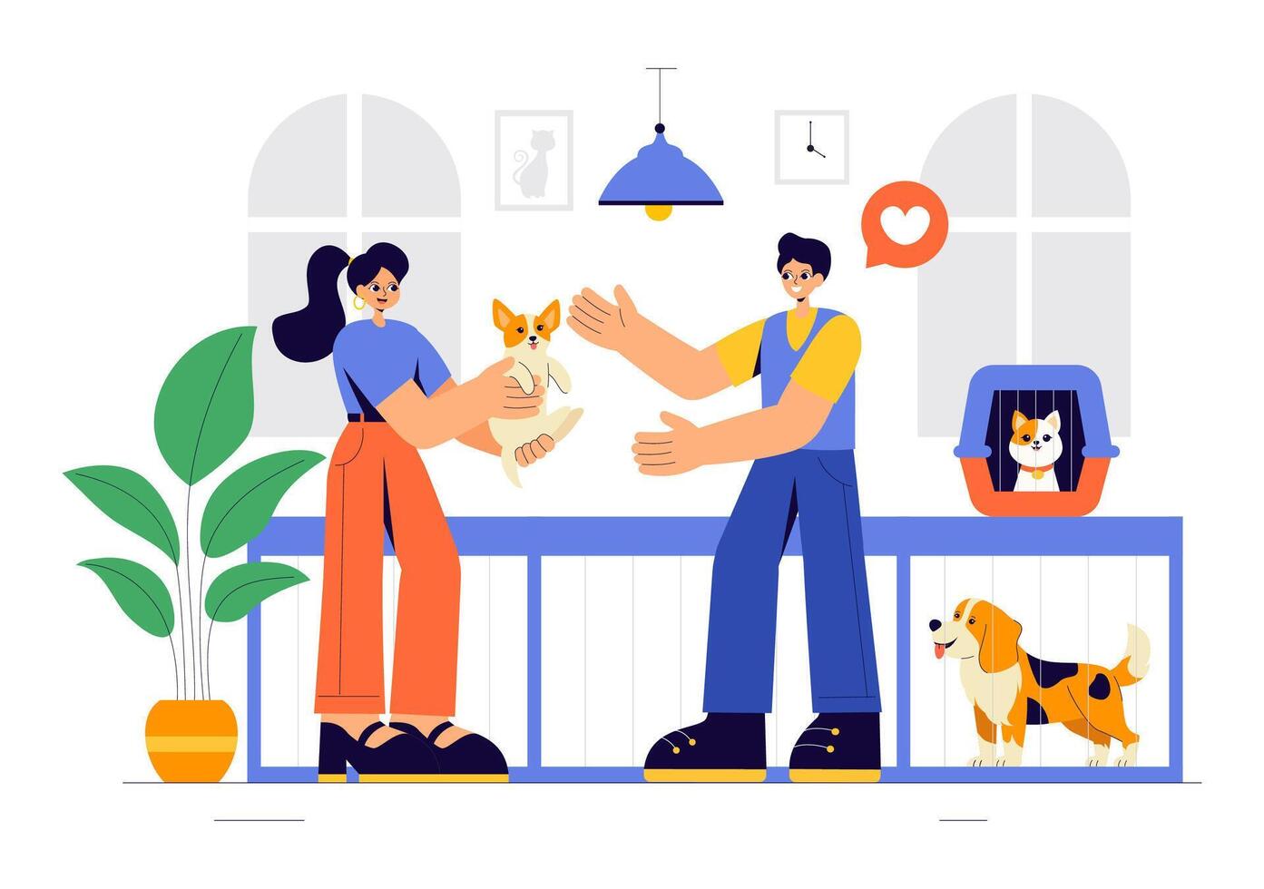 Illustration of a Happy Pet Adoption Scene at an Animal Shelter vector