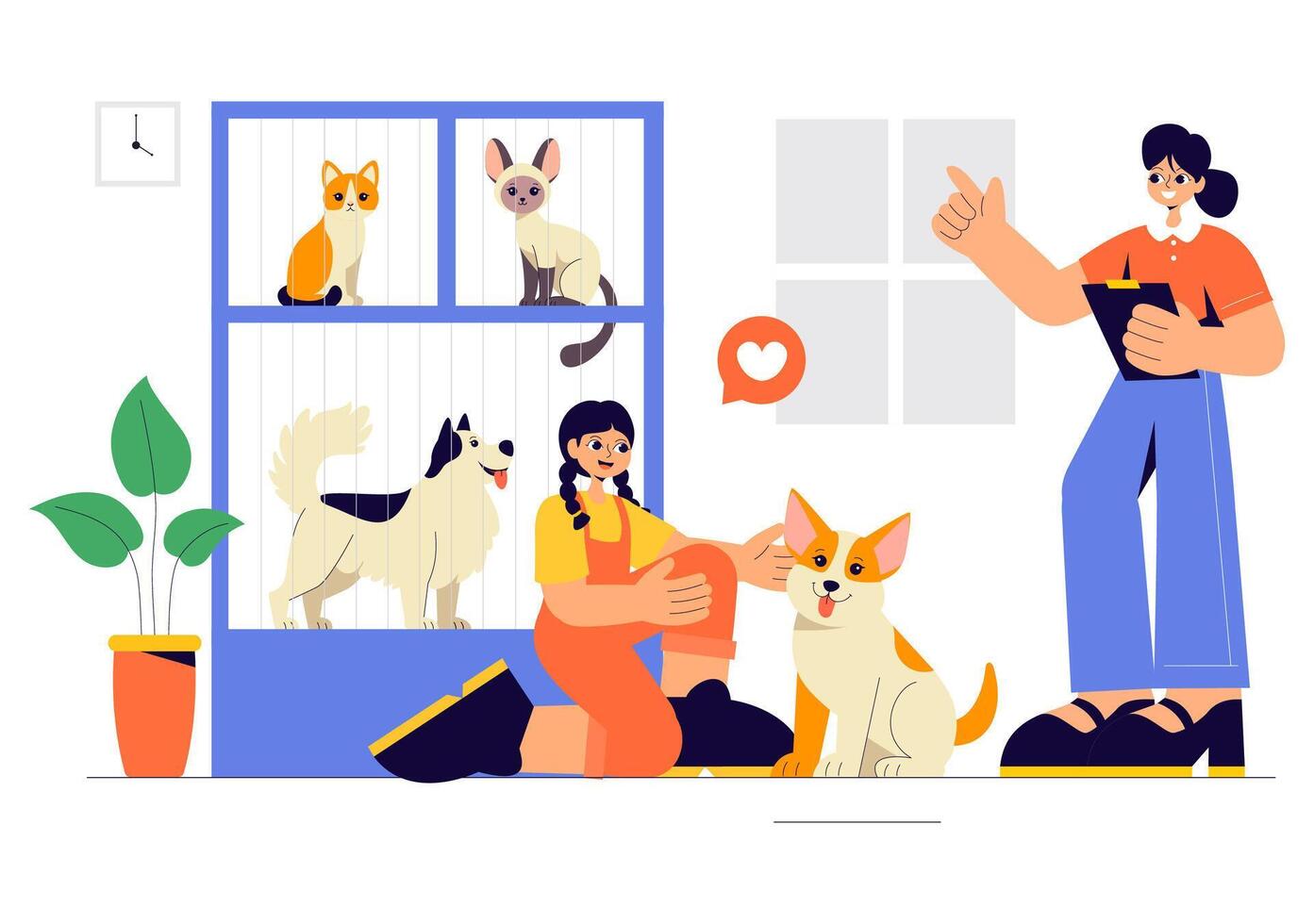 Pet Adoption Day at an Animal Shelter Featuring Cats and Dogs Illustration vector