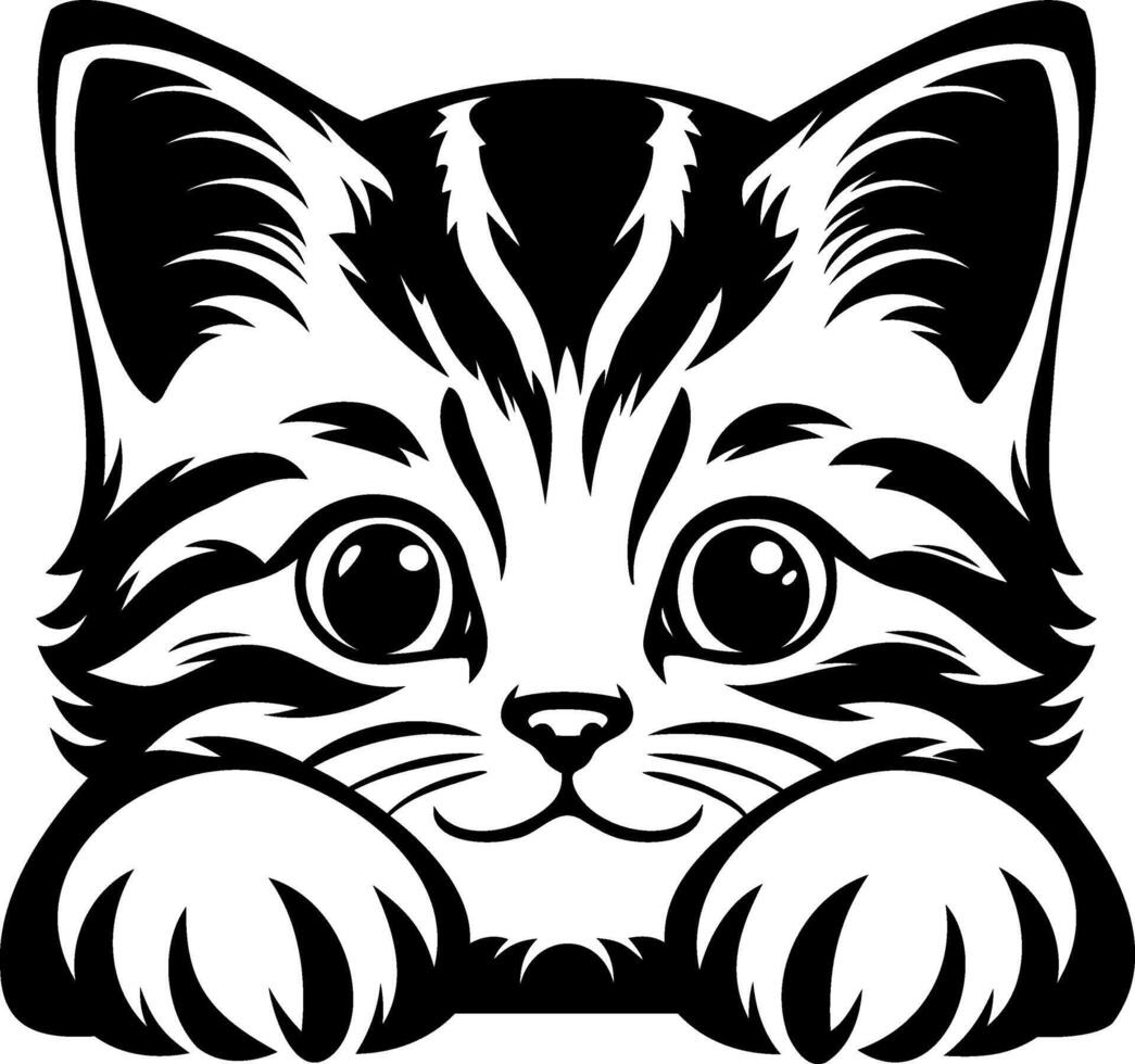 A cute black and white illustration of a kitten with large eyes and a playful expression, featuring its paws resting on the ground. vector