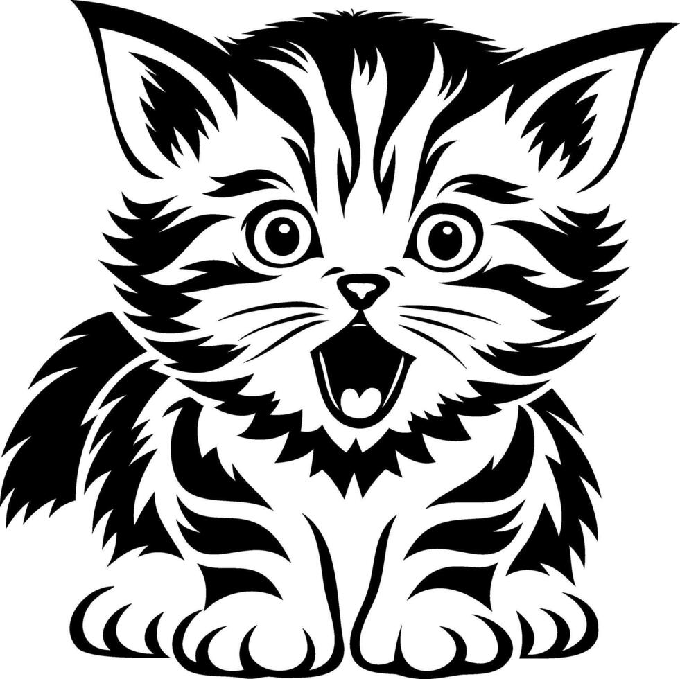 A cute, stylized black and white illustration of a playful kitten with wide eyes and an open mouth, exuding charm and energy. vector