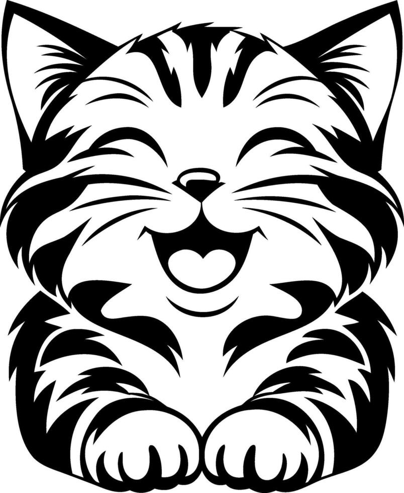 A cute, smiling cartoon cat with striped fur, sitting contentedly with its paws together, radiating joy and playfulness. vector