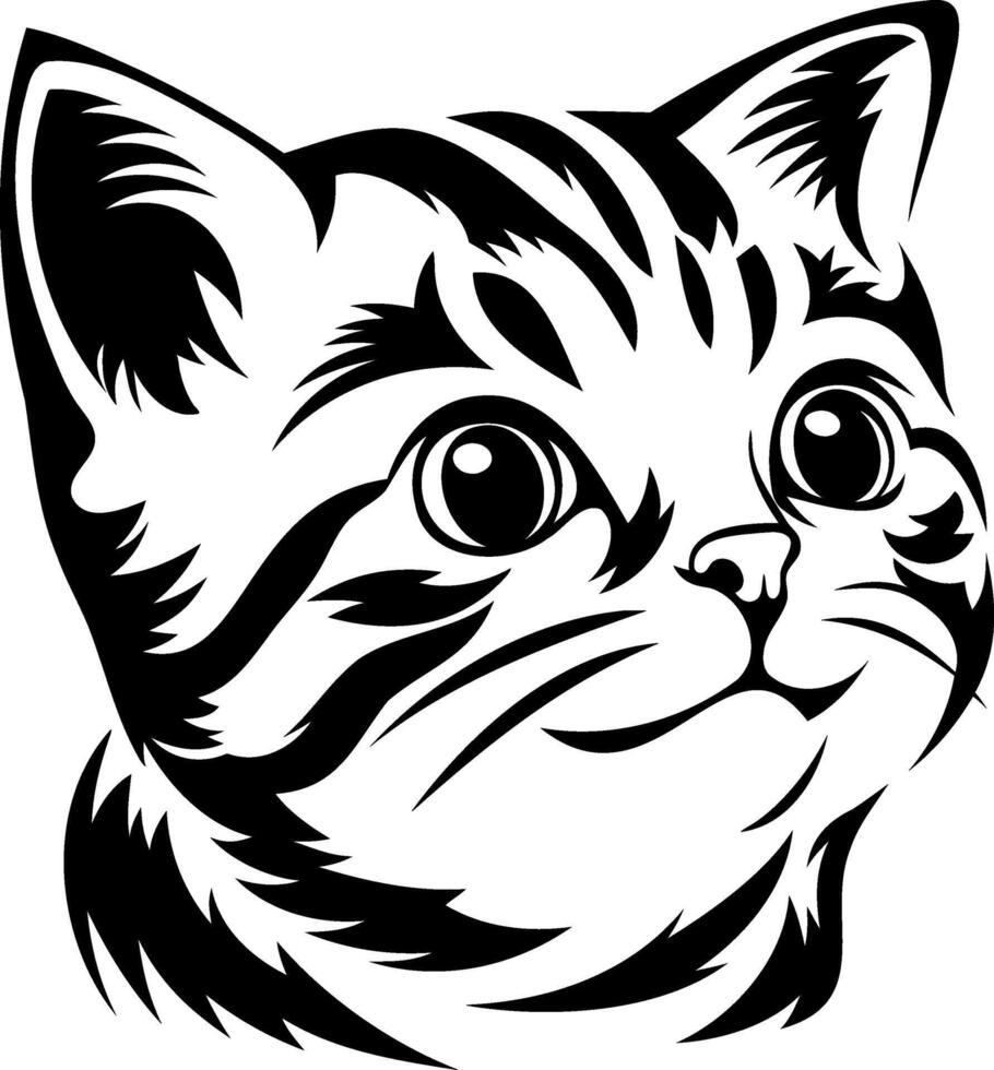 A stylized black and white illustration of a cat's face, featuring large eyes and distinctive stripes, exuding a playful and adorable vibe. vector