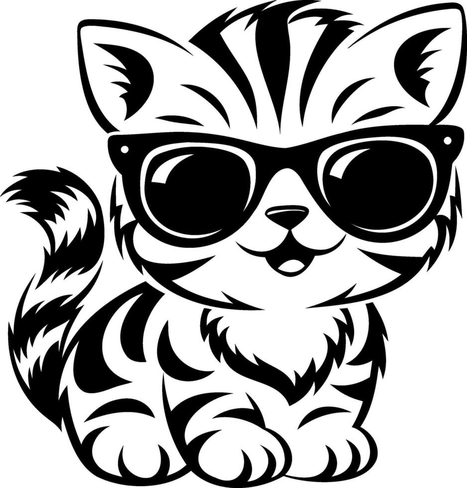 A stylish cartoon cat wearing sunglasses, featuring playful stripes and a cheerful expression. vector