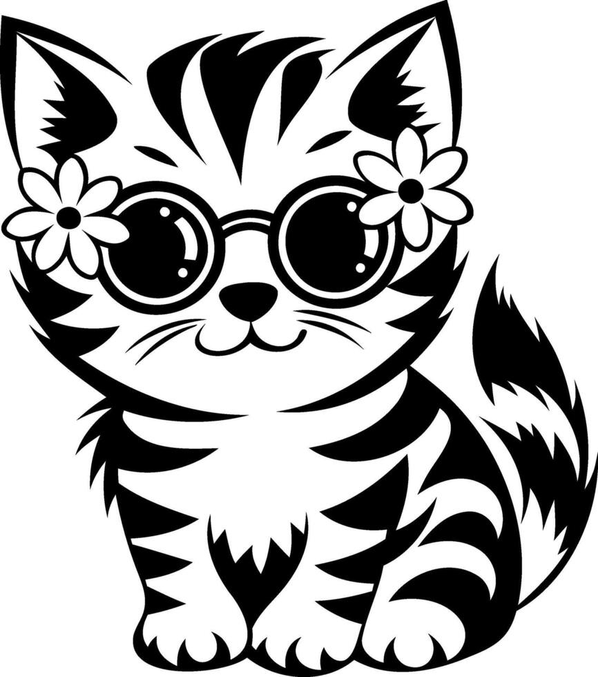 A cute cartoon cat wearing sunglasses and flowers, showcasing a playful, trendy vibe. vector