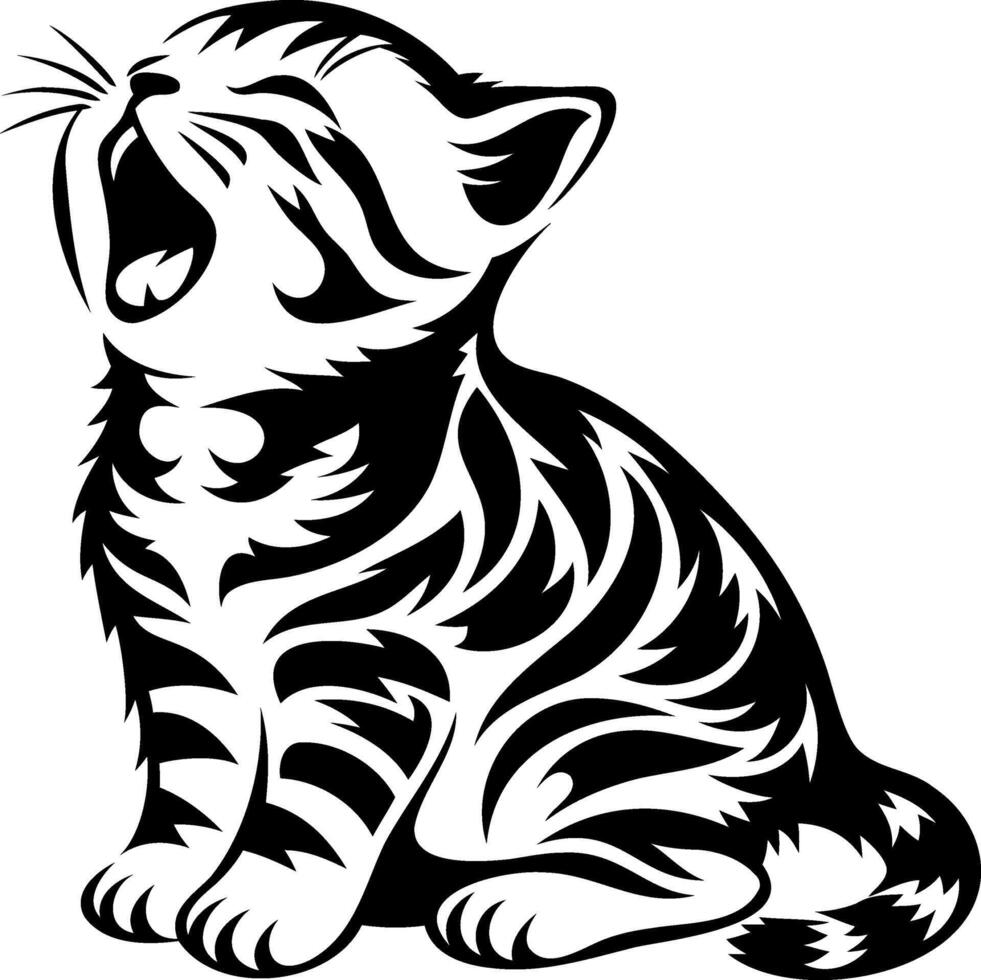 A playful black and white illustration of a yawning kitten, showcasing its adorable features and striped fur. vector