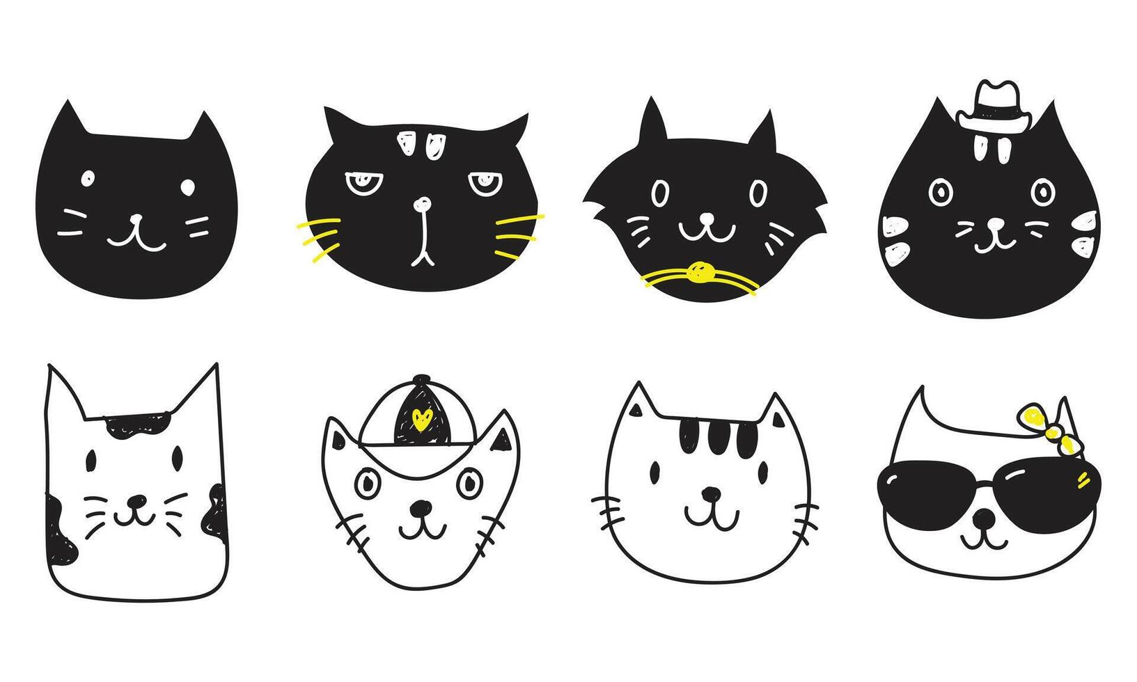 Set of cute hand drawn black cats isolated on white background vector