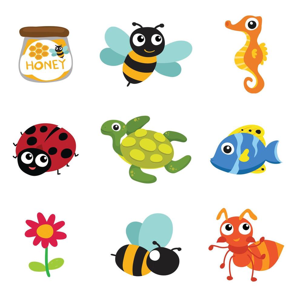 A cartoon set of cute animals icons on white background vector