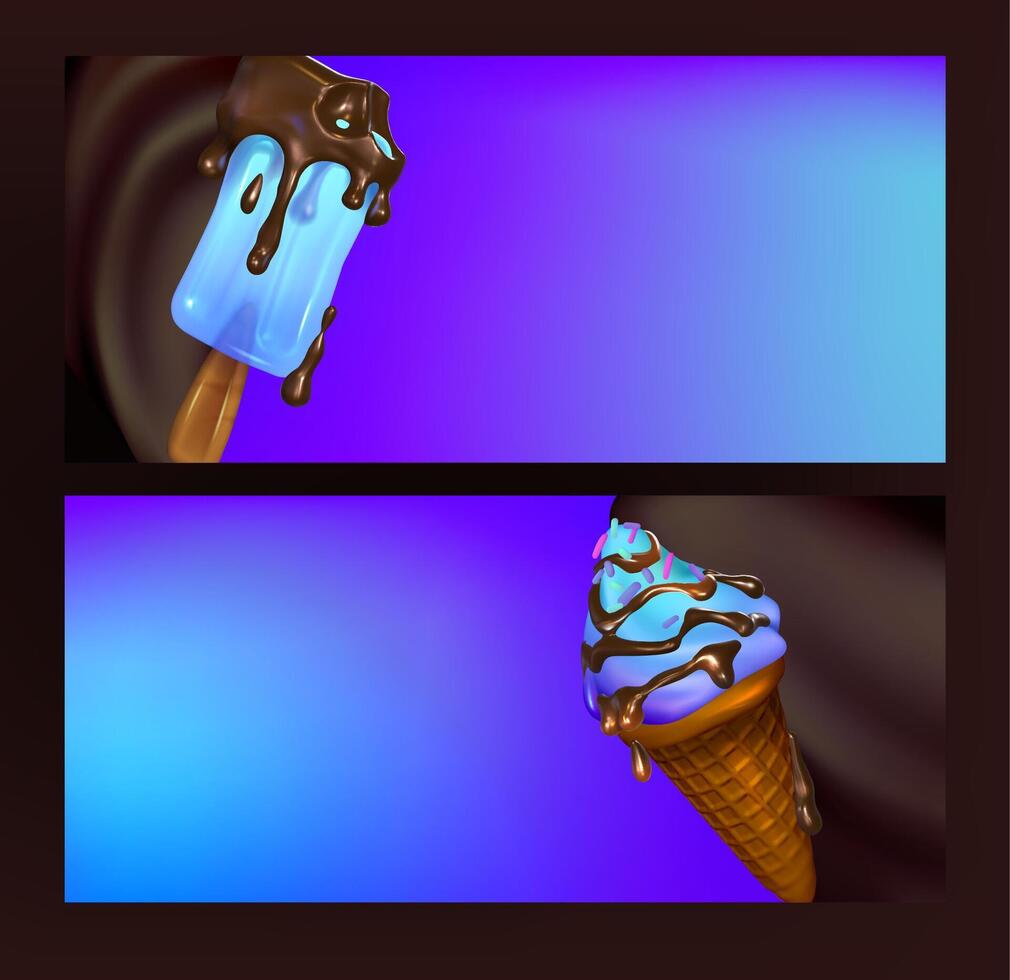 Banners a Blue Ice Cream Delights. World Ice Cream Day. Colorful ice cream advertising composition. Realistic summer 3D design in cartoon style vector