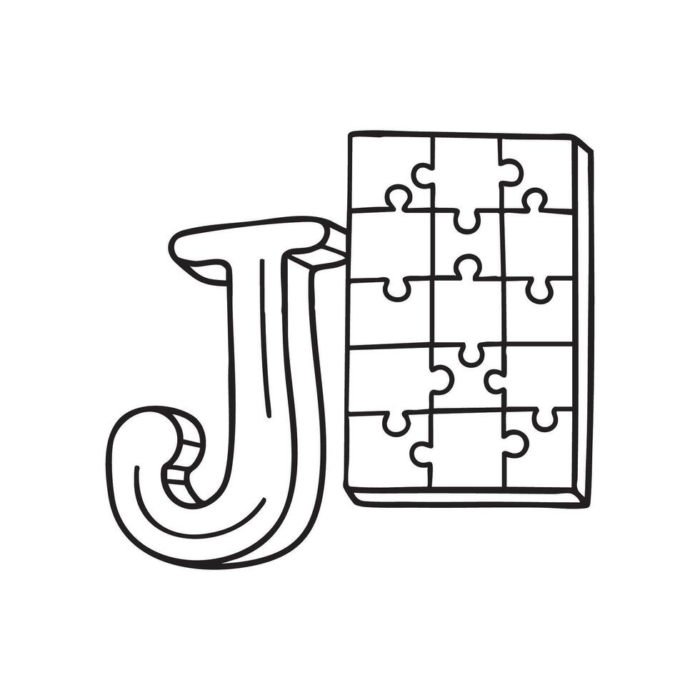 An illustration of Jigsaw puzzle with letter J beside it vector