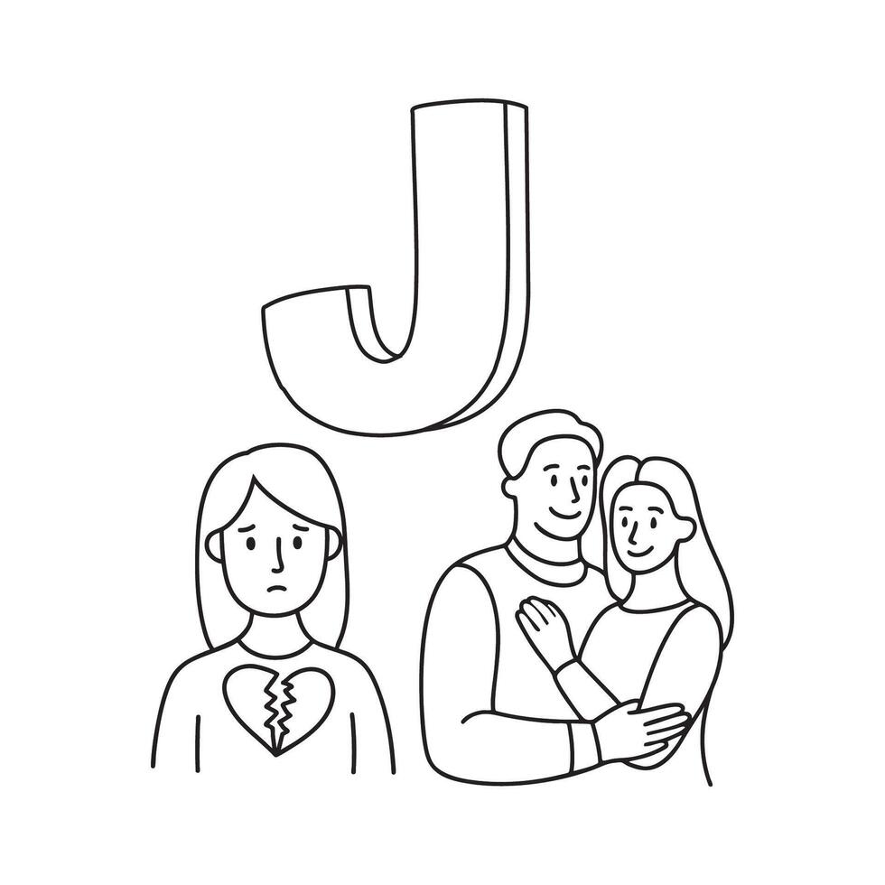 An illustration of Jealous with letter J beside it vector
