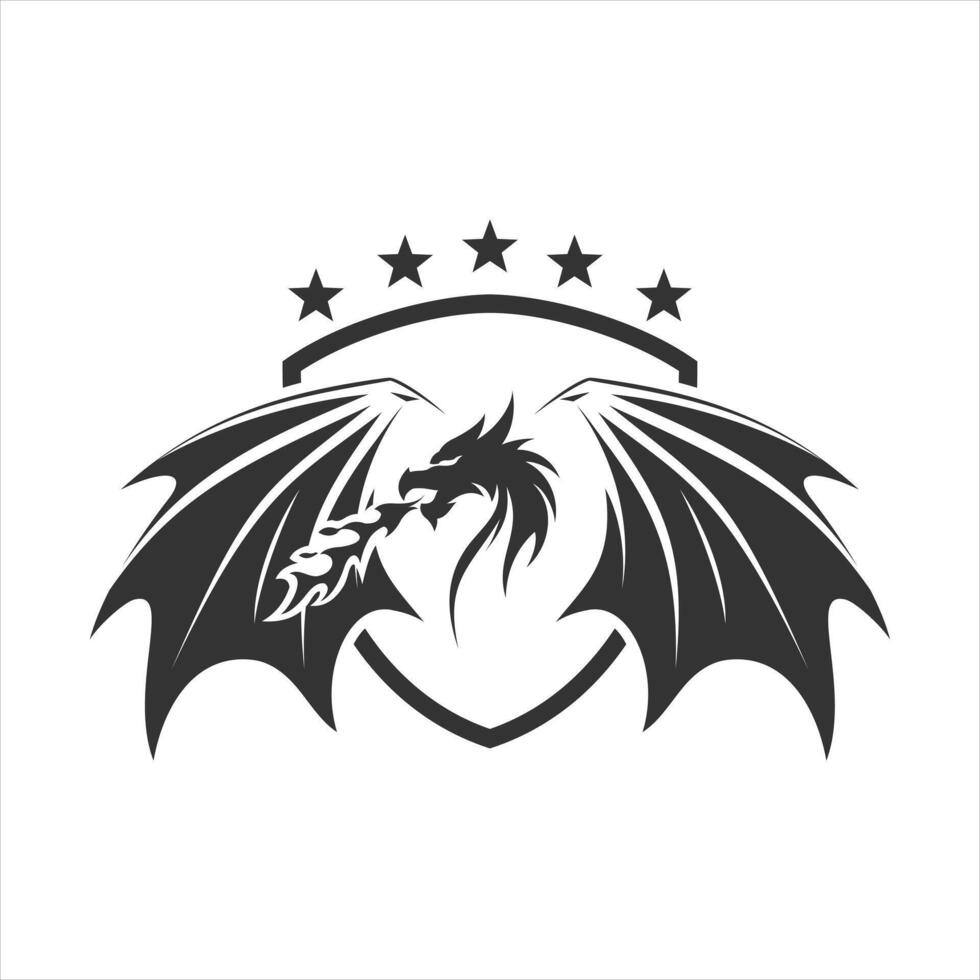 A black and white logo with a dragon and stars vector
