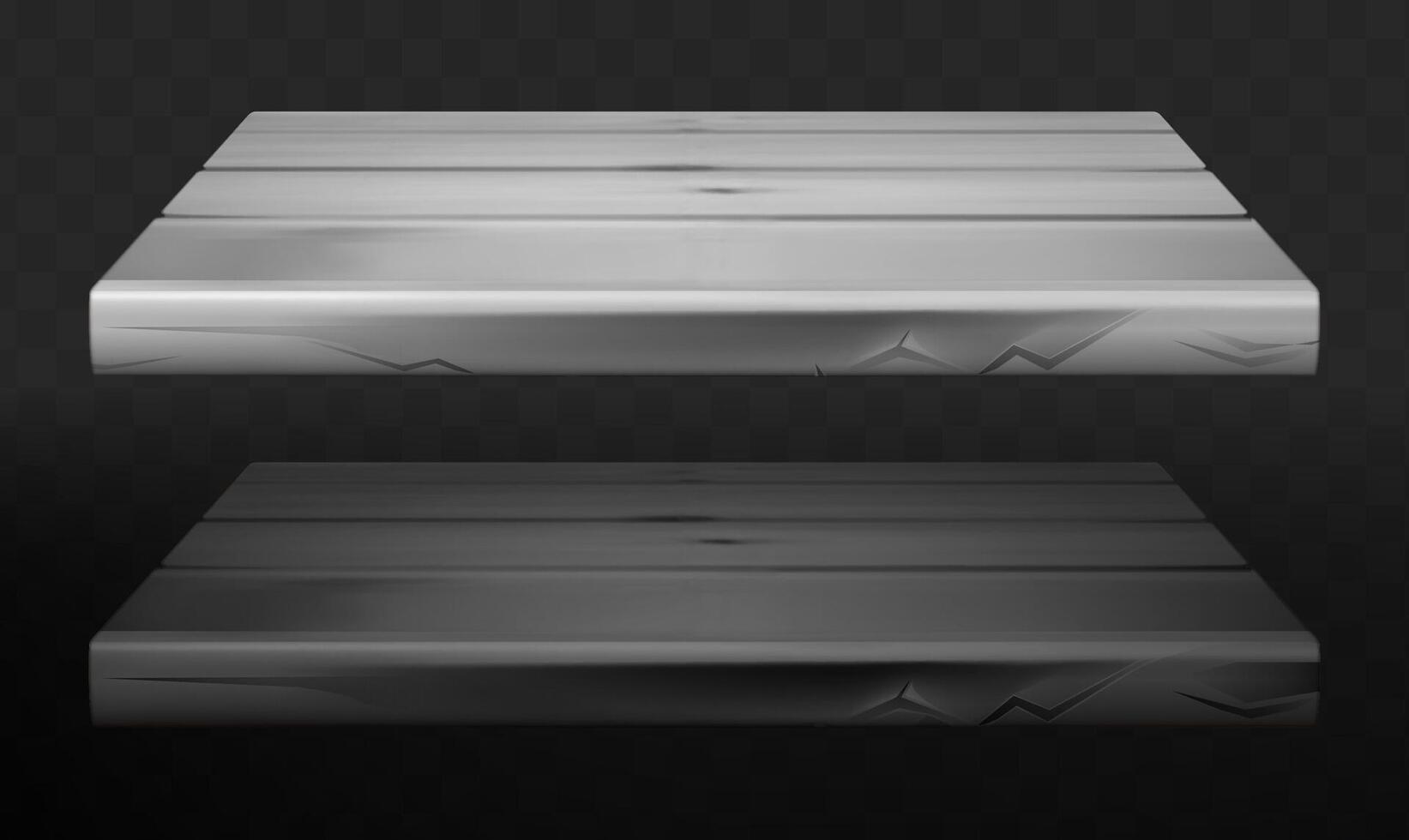 Rustic Wooden Shelves Mockup. Collection of 3d isolated white and black empty woodens shelf for exhibit on dark background vector