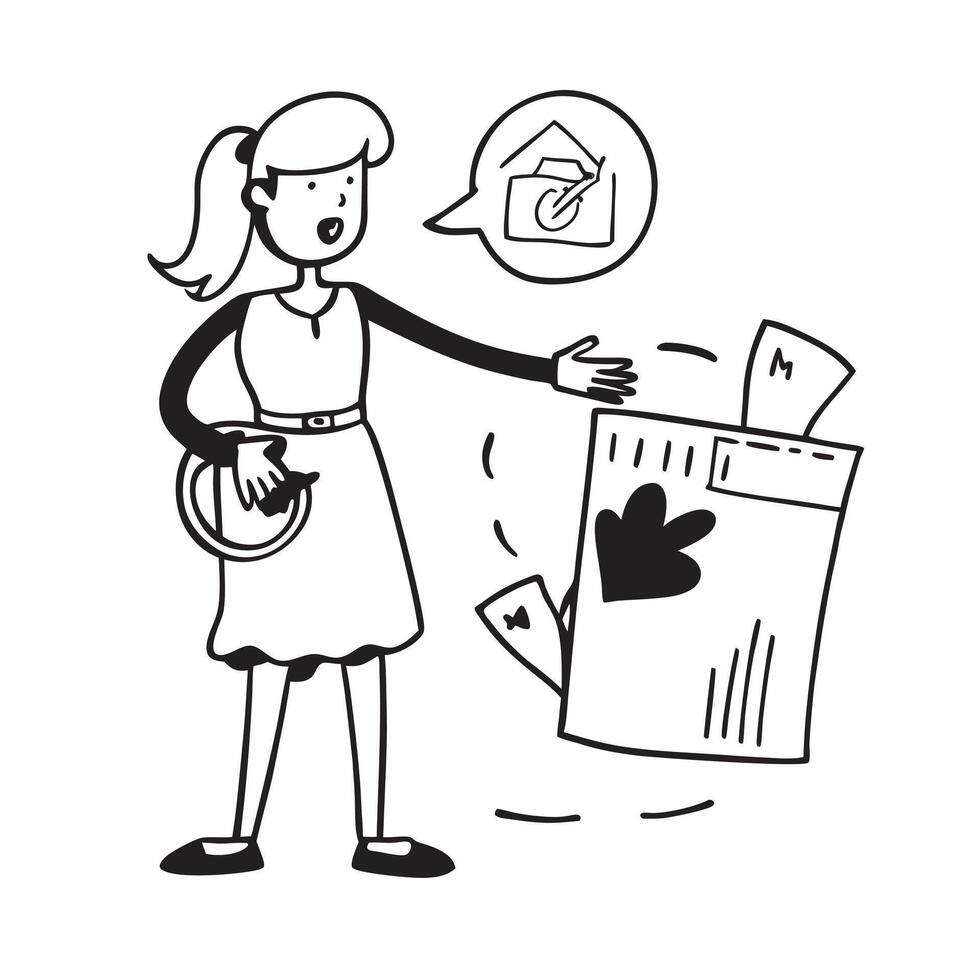 Clean Woman with a recycling sign and a trash bin symbolizing recycling dos and donts with ample space for text concept as A woman holding a recycling sign and a trash bin representing vector
