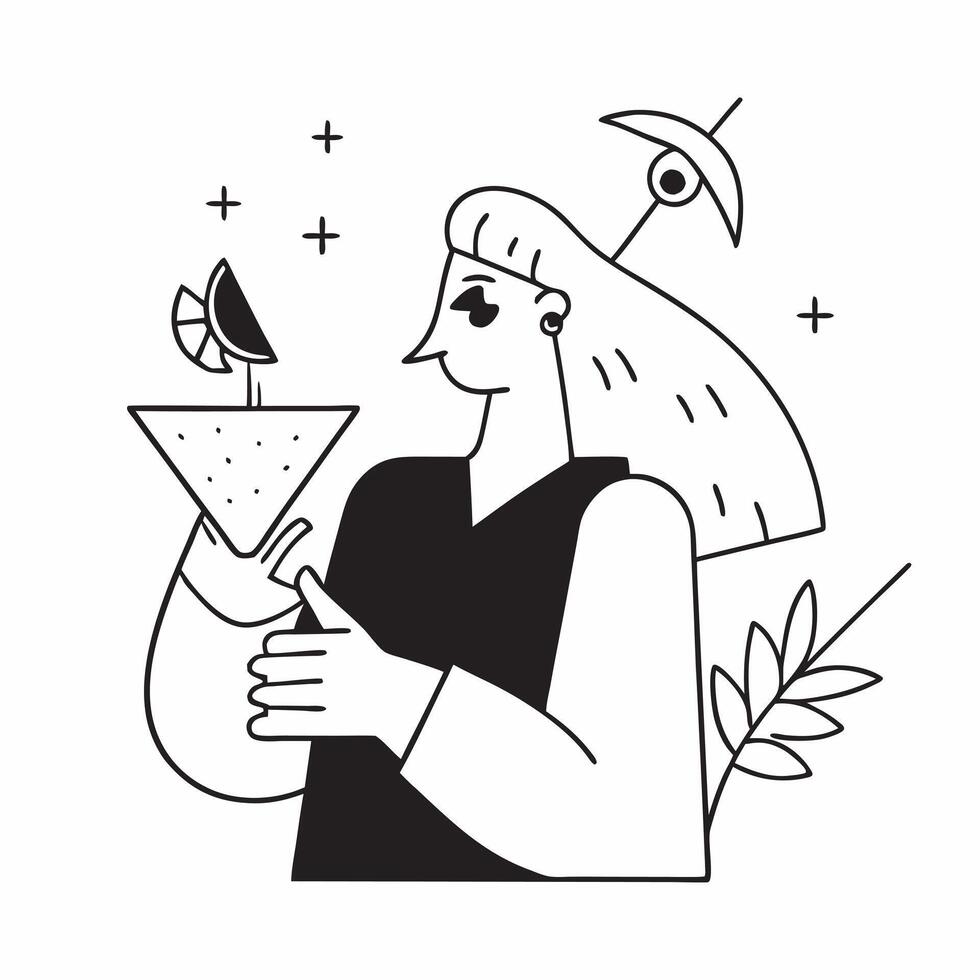 Clean Woman with a sparkling water bottle and a lemon twist symbolizing sparkling water advertisement with room for writing concept as A woman holding a bottle of sparkling water and a vector