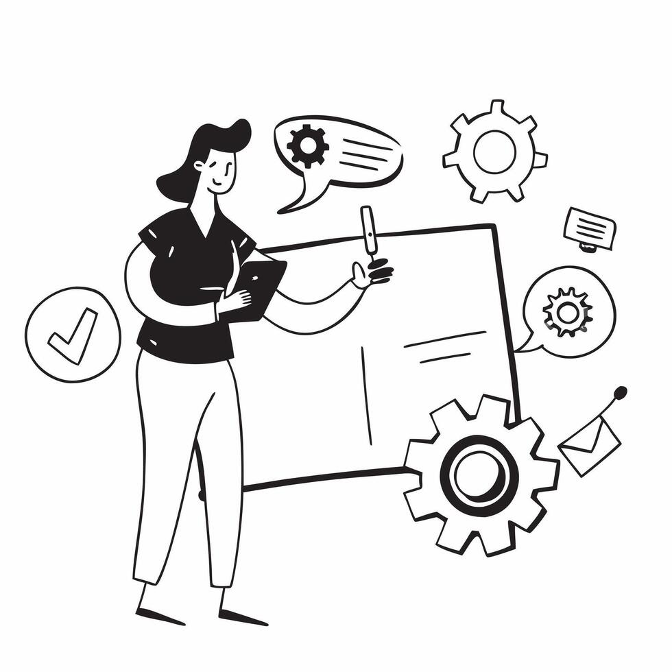 Clean Woman with a laptop and a gear symbolizing tech and mechanics on a minimalist background concept as A woman interacting with a laptop and a gear illustrating the connection betwee vector