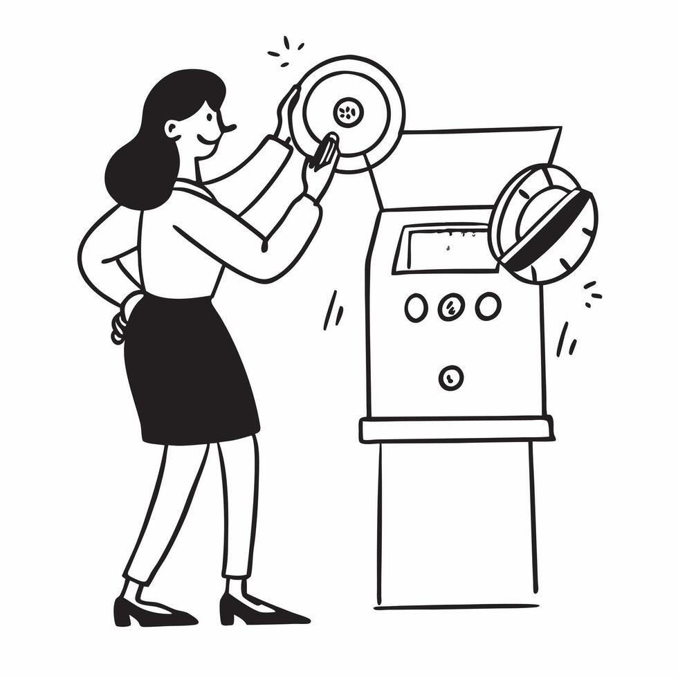Clean Woman with a lucky coin and a slot machine indicating luck and slots with blank space concept as A woman holding a lucky coin and standing by a slot machine symbolizing luck and s vector
