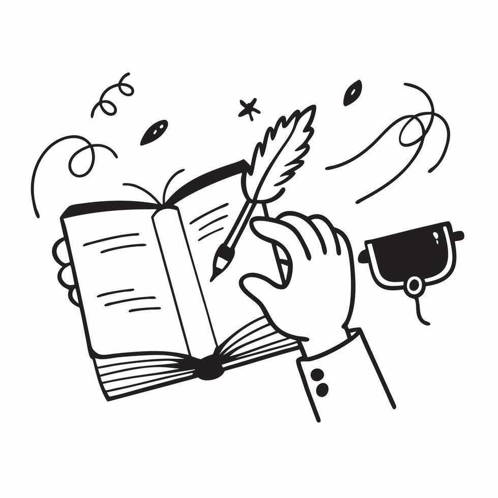Clean Writer with a best selling book and a quill representing literary success with space for text concept as A writer holding a best selling book and a quill indicating literary succe vector