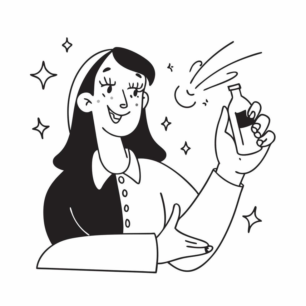 Clean Woman with a bottle of sparkling cider and a cinnamon stick symbolizing cider advertisement with ample space for text concept as A woman holding a bottle of sparkling cider and a vector