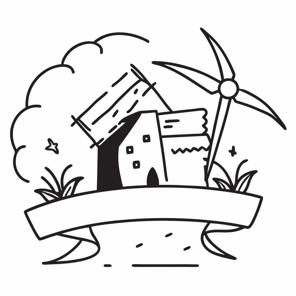 Clean Wind turbine and an eco friendly building symbolizing sustainable energy and architecture with ample space for text concept as A wind turbine and an eco friendly building represen vector
