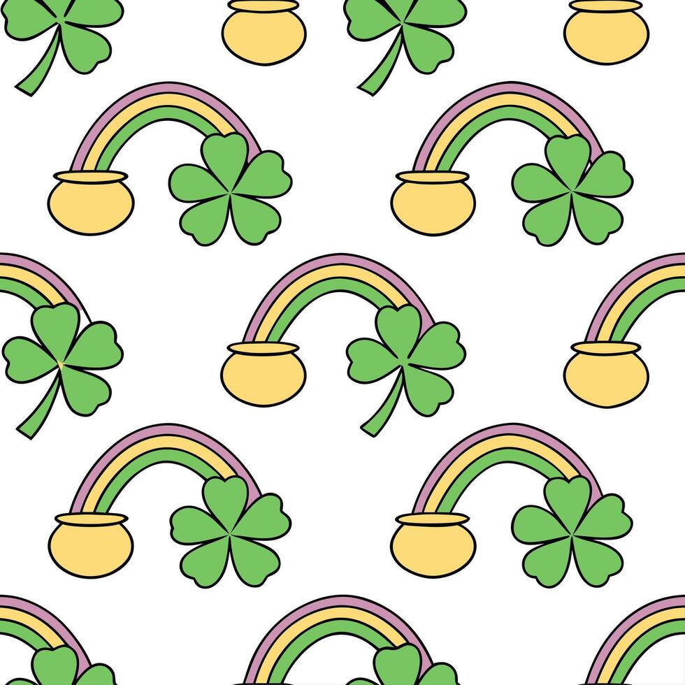 Clean Whimsical pots of gold and clovers seamless tile pattern with vibrant rainbow accents concept as Vibrant rainbow accents highlight whimsical pots of gold and clovers in seamless ti vector
