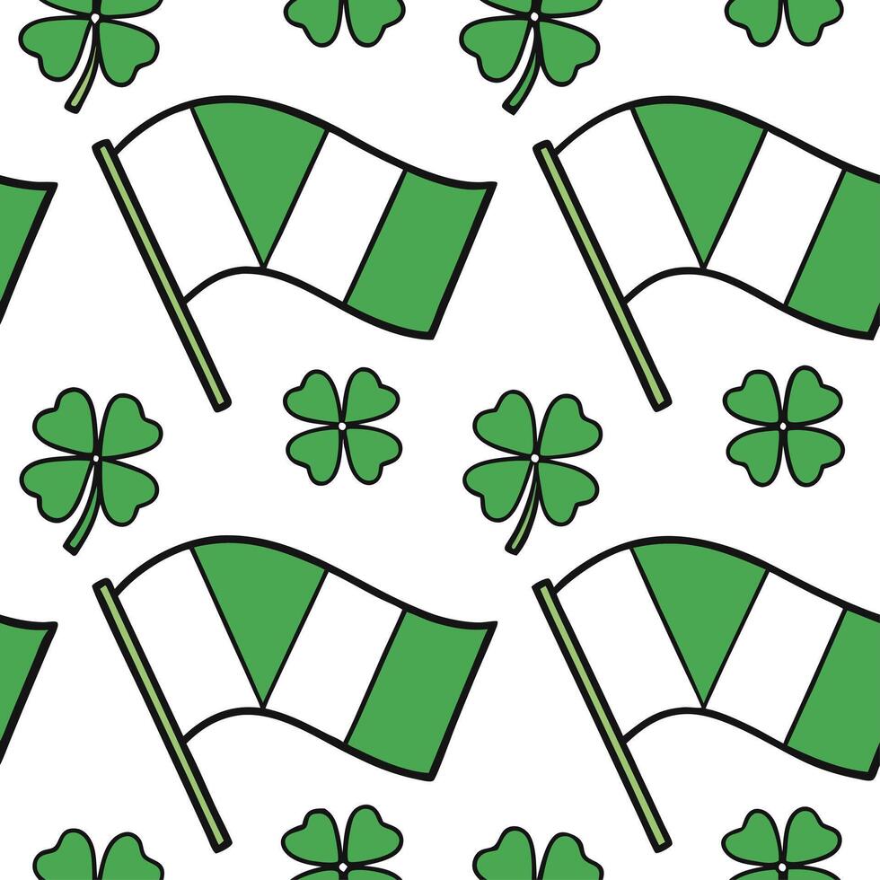 Clean Whimsical Irish flags and clovers seamless tile pattern with vibrant green accents concept as Vibrant green accents highlight whimsical Irish flags intertwined with clovers in seam vector