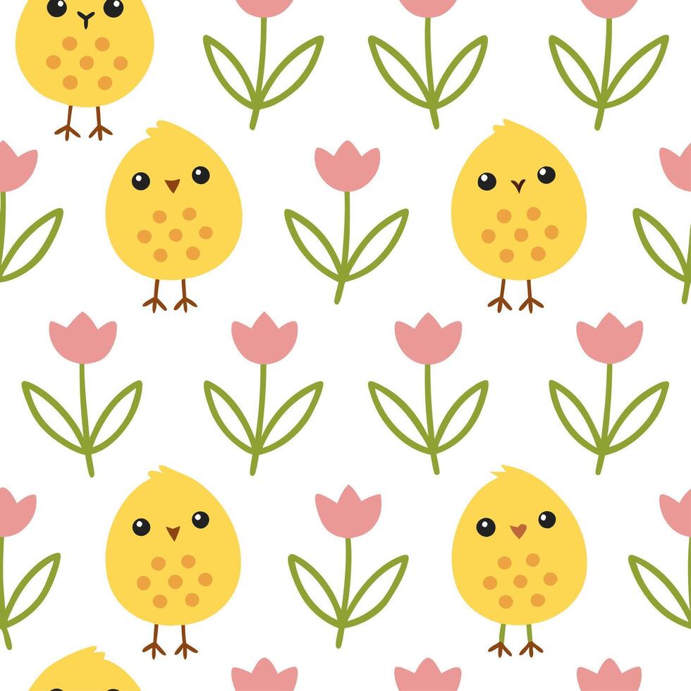 Clean Whimsical Easter chicks and tulips seamless tile pattern with playful spring hues concept as Playful spring hues highlight whimsical Easter chicks and tulips in seamless tile patte vector