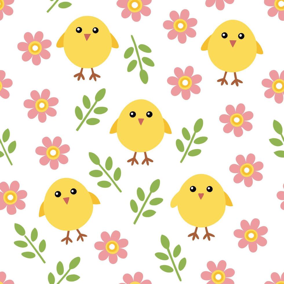 Clean Whimsical Easter chicks and floral blooms seamless tile pattern with playful spring colors concept as Playful spring colors feature whimsical Easter chicks amidst floral blooms in vector