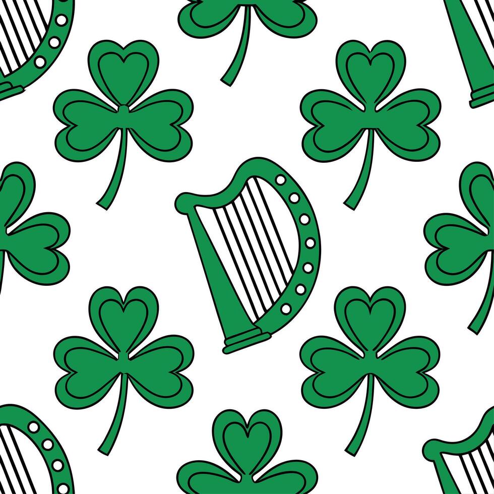 Clean Whimsical Irish harps and clovers seamless tile pattern with vibrant green accents concept as Vibrant green accents highlight whimsical Irish harps intertwined with clovers in seam vector