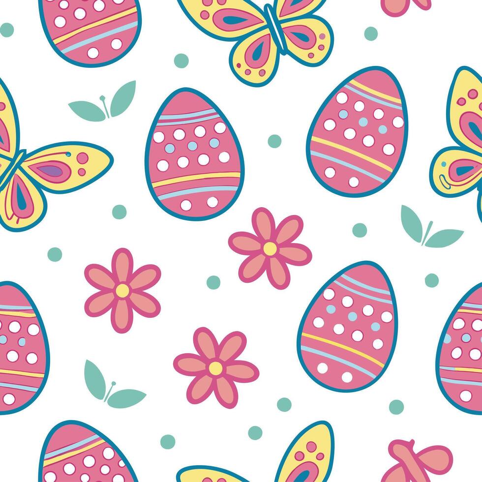 Clean Whimsical Easter eggs and butterflies seamless tile pattern with colorful spring accents concept as Colorful spring accents highlight whimsical Easter eggs and butterflies in seaml vector